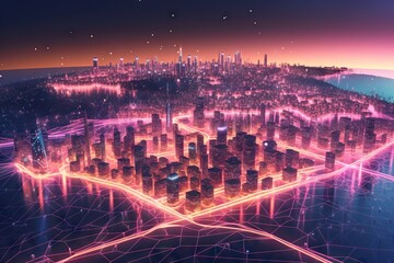 Poster - A Futuristic City With A Lot Of Lights And Lines On It Modern City Skyline At Sunset Video Art Motion Graphics