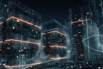 Poster - A Futuristic City With A Lot Of Lines And Buildings In The Background Modern Urban Skyline Panoramic Photography Smart Homes Generative AI 