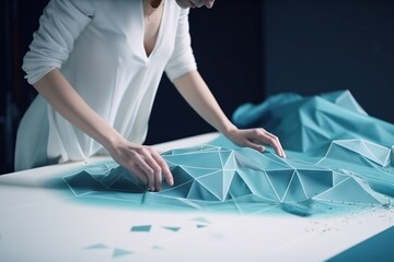 Poster - A Woman Is Cutting A Piece Of Paper With Scissors And Scissors Lunar Landscape Origami Motion Graphics