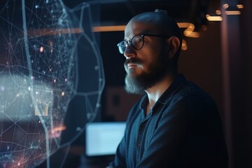 Poster - A Man With Glasses Looking At A Computer Screen With A Network Of Dots Deep Sea Trench Animation Data Science Generative AI 