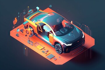 Poster - A Car With A Flat Design On The Top Of It With A Car's Interior Car Repair Shop Animation Motion Graphics Generative AI 