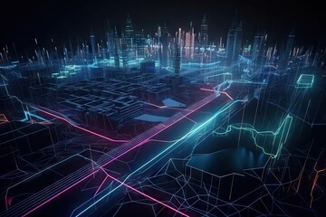 Poster - A Futuristic City With Neon Lines And Buildings In The Background And A Dark Background Modern Urban Skyline Video Art Motion Graphics Generative AI 