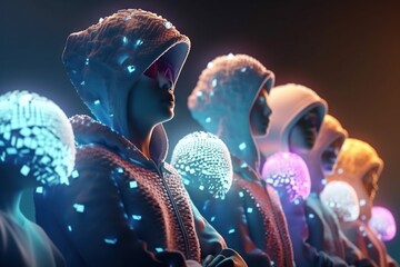 Poster - A Group Of People With Glowing Lights On Their Faces And Head Nightclub Video Art Cybersecurity Generative AI 
