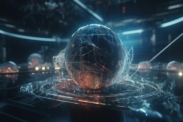 Poster - a sphere with lines and dots in the middle of it surrounded by other spheres factory animation motio