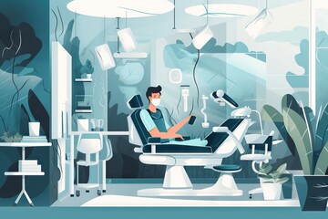 Poster - A Man Sitting In A Chair In 
A Room With Plants And A Lamp Hospital Graphic Design Dental Care