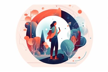Fototapete - A Woman With A Guitar Standing In A Circle With Trees And Bushes Forest Environmental Art Motion Graphics