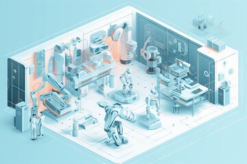 Poster - A Futuristic Room With A Robot And Other Equipment In It Including A Large Window Workshop Animation Robotics Engineering Generative AI 