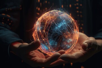 Poster - A Person Holding A Glowing Ball In Their Hands With A Blurry Background Deep Sea Trench Video Art Supply Chain Optimization Generative AI 