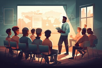 Poster - A Man Standing In Front Of A Group Of People In A Room Workshop Graphic Design Employee Training And Development Generative AI 