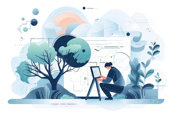 Poster - A Man Is Painting A Picture In A Landscape With Trees And Plants Workshop Graphic Design Instructional Design Generative AI 