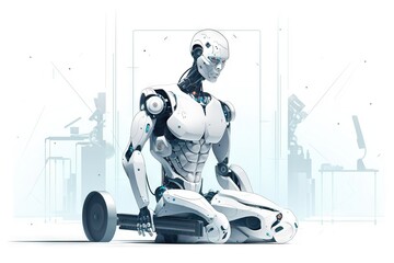 Poster - a robot is sitting on a wheel while holding a camera in his hand car repair shop animation robotics 