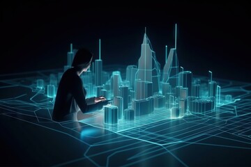 Poster - A Woman Sitting On A Floor Using A Cell Phone In Front Of A City Modern Urban Skyline Video Art Supply Chain Optimization Generative AI 