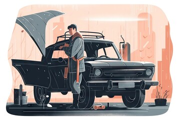 Poster - A Man Standing Next To A Car With A Hood Open And A Car Under It Car Repair Shop Animation Digital Illustration Generative AI 