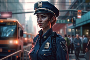 Poster - A Woman In A Police Uniform Standing In Front Of A Bus Police Station Photorealism Digital Illustration