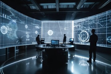 Fototapete - A Man Standing In Front Of A Table With A Laptop On It Conference Room Panoramic Photography Manufacturing Planning And Control Generative AI 