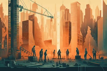 Poster - A Group Of People Standing In Front Of A City Skyline With Cranes Modern City Skyline At Sunrise Assemblage Construction Generative AI 