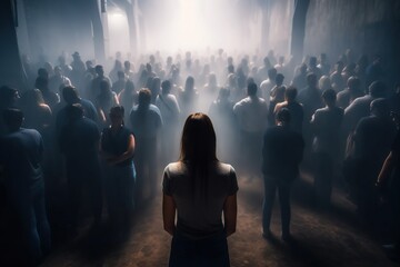 Poster - A Woman Standing In Front Of A Crowd Of People In A Dark Room Nightclub Performance Photography Theater Performance Generative AI 