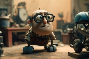 Poster - A Cartoon Character With Glasses And A Helmet On A Table In A Room Car Repair Shop Animation Animation Filmmaking Generative AI 