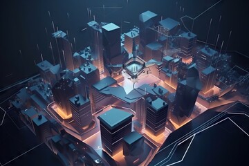 Poster - A Futuristic City With A Clock On The Top Of It's Buildings Modern City Skyline At Night Animation Motion Graphics