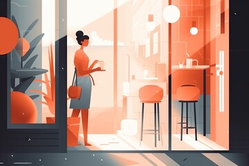 Poster - A Woman Standing In A Room With A Window Open And A Plant In The Corner Coffee Shop Animation Motion Graphics Generative AI 