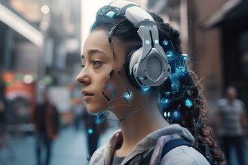 Poster - A Woman With Headphones On Walking Down A Street With People Walking By Radio Station Animation Futures Generative AI 