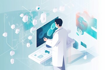 Poster - A Man In A Lab Coat Is Looking At A Computer Screen Hospital Graphic Design Medical Devices Generative AI 