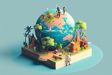 Poster - A Book With A Globe On Top Of It And People Standing On Top Of It Oasis Environmental Art Motion Graphics
