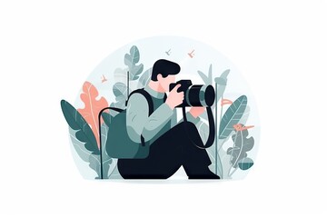 Poster - A Man Sitting In Front Of A Camera Taking A Picture Of Plants Mangrove Swamp Advertising Photography Video Marketing Generative AI 