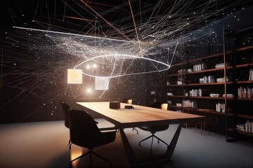 Poster - A Room With A Table And Chairs And A Book Shelf With Books Conference Room Video Art Lighting Design