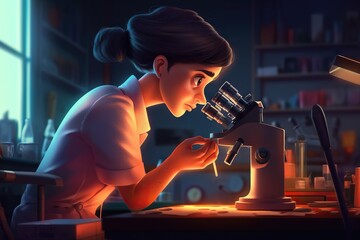 Poster - A Woman Looking At A Microscope In A Dark Room With A Light On Factory Animation Science Education
