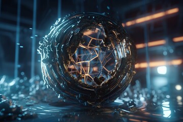 Poster - A Sphere With A Lot Of Lines And Shapes In It In A Dark Room Factory Kinetic Art Motion Graphics