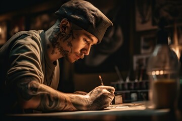 Poster - A Man With Tattoos Writing On A Piece Of Paper With A Pen Workshop Calligraphy Calligraphy