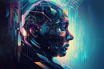 Poster - A Digital Painting Of A Man's Face With A Futuristic Background Factory Digital Art Artificial Intelligence