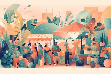 Poster - A Group Of People Stand
ing Around A Table With Umbrellas On It Farm Stand Environmental Art Print Design Generative AI 