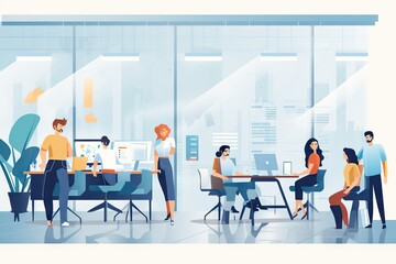 Poster - A Group Of People Working At A Desk In A Room With Windows Conference Room Graphic Design Workplace Wellness Generative AI 