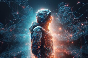 Poster - A Man Standing In Front Of A Blue And Orange Background With Lines Factory Animation Motion Graphics