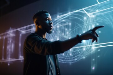 Poster - A Man Pointing At Something On A Screen With A Blue Background Science Museum Animation Data Analytics Generative AI 