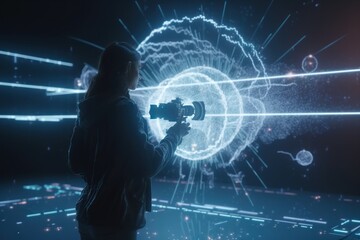 Poster - a person holding a camera in front of a screen with a light pattern science museum advertising photo