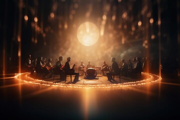 Poster - A Group Of People Sitting Around A Table With A Light On It Conference Room Animation Instrumental Performance