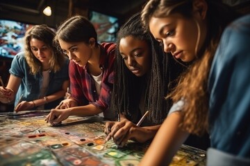 Poster - A Group Of Girls Playing A Game Together At A Table With A Board Workshop Graffiti Art Diversity And Inclusion