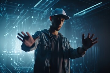 Poster - A Man In A Hat Is Holding His Hands Out In Front Of Him Factory Animation Motion Graphics Generative AI 