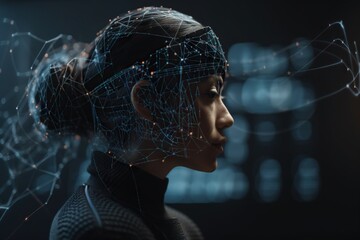 Poster - A Woman With A Futuristic Head And Lines Of Dots Over Her Factory Animation Artificial Intelligence