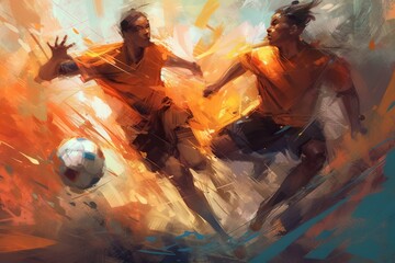 Poster - Two Soccer Players Are Kicking A Soccer Ball In The Air With A Splash Of Paint Soccer Field Color Field Painting Sports Coaching Generative AI 