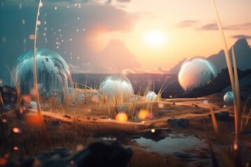 Fototapete - A Digital Painting Of A Landscape With Grass And Rocks And A Pond Tundra Animation Environment Generative AI 