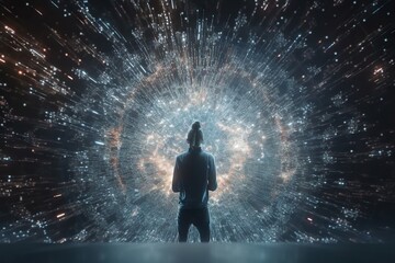Poster - a man standing in front of a large star filled sky with a person standing in front of it conference 