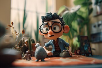 Poster - A Toy Of A Man With Glasses Sitting On A Table Next To A Bird Supermarket Animation Animation Filmmaking Generative AI 