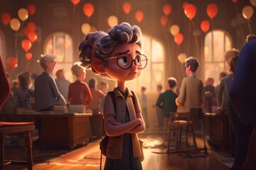 Poster - A Cartoon Character Standing In A Room With People In The Background Library Animation Animation Filmmaking Generative AI 