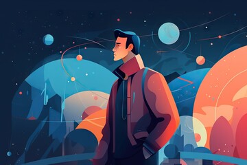Fototapete - A Man Standing In Front Of A Space Scene With Planets And Stars Lunar Landscape Animation Motion Graphics
