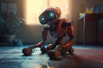 Poster - A Robot Is Sitting On The Floor With Wheels On It's Feet Junkyard Animation Robotics Engineering