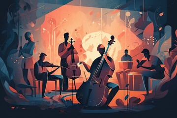 Poster - A Group Of People Playing Instruments In A Room With A Fire Concert Hall Renaissance Music Performance